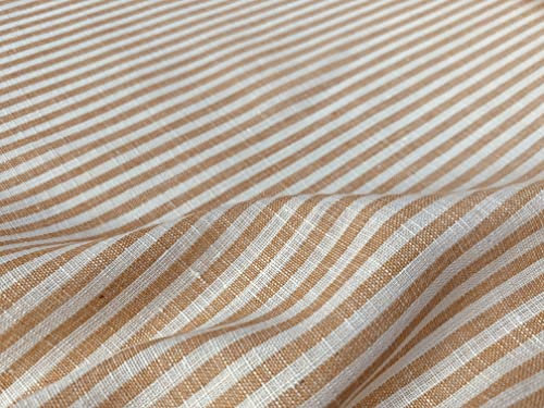 Tela de lino a rayas de caramelo de algodón claro, bonitas líneas blancas a rayas, decoración del hogar, costura, 150 cm de ancho, marrón claro (2 metros))