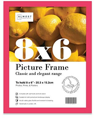 Almost Frameless 8x6 Bright Pink Picture Frame 8x6(20.3x15.2cm) Poster, Photo, Artwork, or Print. Thin Edge Slim Frame Portrait and Landscape Display with Wall Hooks