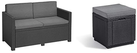 Keter 'Allibert by Gartenlounge Sofa Victoria, Graphite/grau & Allibert by Cube Hocker mit Stauraum, grau, inkl. Kissen, Deckel abnehmbar, Flache Rattanoptik, wetterfest, 42x42x39cm