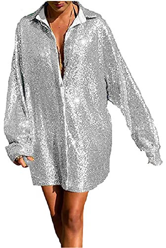 Pailletten Tshirt Damen Glitzer Hemd Shirt Langarm Shirts V-Ausschnitt Oberteile Schön Glänzend Longshirt Casual Elegante Festlich Mode Glitzertop Pailletten Bluse Casual Tunika Disco Party Kostüm