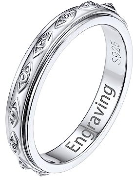 Silvora Benutzerdefinierter Böses Auge Bandring mit Textgravur 3.5mm breit Dünner Spinner Fingerring Drehbarer Anti-Stress Fidget Ringe Roller Ring Ringgröße 67.2(21.25) für Verlobungsring Ehering