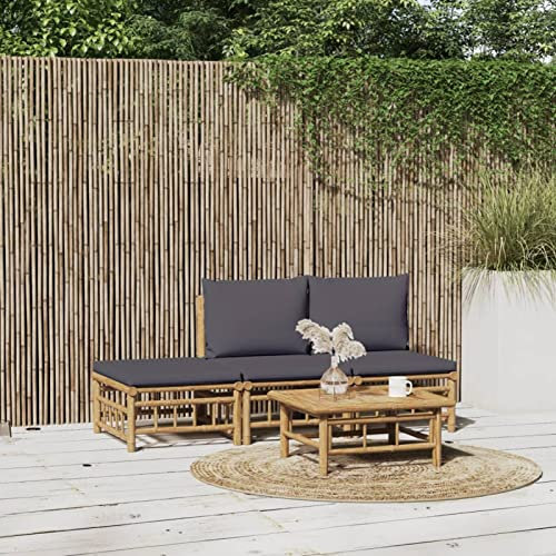 Homgoday Gartenlounge Set 4-TLG. Loungemöbel Gartenlounge Set Garnitur Sitzgruppe Lounge-Set Loungegruppe Gartensofa für Garten Terrasse und Balkon Bambus mit Dunkelgrau Kissen
