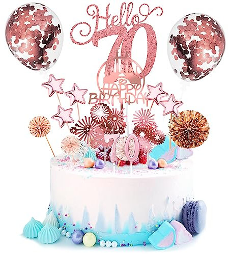 Tortendeko 70 Geburtstag Männer Frauen 17 Pcs Cake Topper Happy Birthday Kuchen Dekoration 70 Geburtstag Torten Topper Deko mit geburtstagskerzen Sternen Konfetti-Luftballons und Papierfächer Roségold