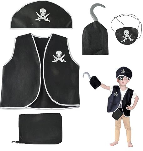 MIVAIUN 5 Stück Kinder Piraten Kostüm Set Verkleidung Piraten Zubehör Piratenhut Weste Geldbeutel Augenklappe Haken Piratenkostüm Zubehör für Halloween Mottoparty Cosplay(5 Stück)