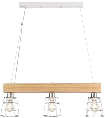 FORCOSO Pendelleuchte Esstisch Holz - Hängelampe 3 Flammig Hängeleuchte E27 Vintage Höhenverstellbar Esstischlampe für Wohnzimmer Büro Schlafzimmer Küche - Chrom Lampenschirm