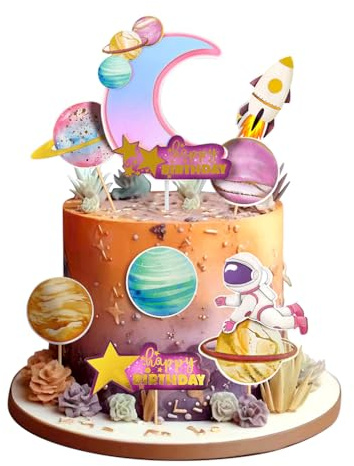 Guoguonb Pink Space Planet Cake Decorations 1 Large Moon Happy Birthday Cake Topper and 18 Pieces Space Theme Cupcake for Space Theme Cake Decoration Birthday Party Decoration