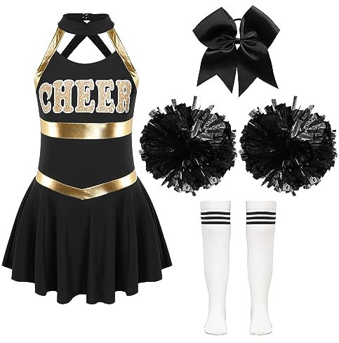 iiniim Mädchen Cheer Leader Kostüm Set Ärmellos Cheer Kleid mit Pompoms Socken Cheerleading Uniform Schule Feiertag Show Tanzkostüm Aa Weiß&Schwarz 158-164