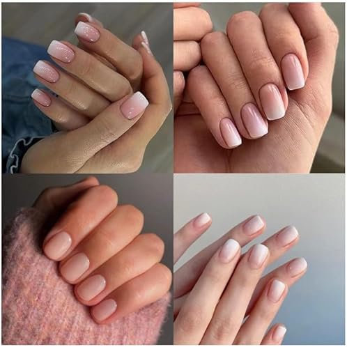 JUSTOTRY 4 Packs (96 Pcs) Solid Square False Nails Short Pattern,Gradient White French Tip Press on Nails,Cheap and Reusable Fake Nails,Stick on Squoval Nails for Women Nails Art