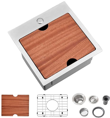 Friho Drop In Bar Sink, 15 x 15 Inch Wet Bar Sink 16 Gauge Stainless Steel 9 Inch Deep Single Bowl Outdoor Rv Sink with Dish Grid and Cutting Board
