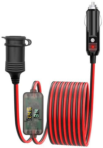 Giantdeer 4M 12V Cavo di Prolunga Accendisigari Auto,Presa Accendisigari Cavi Adattatore con LED Voltmetro Amperometro,10A/17 AWG,Prolunga Accendisigari Universale Impermeabile per 12V Caravan Frigo