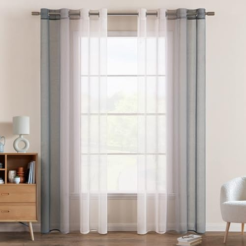 EMEMA Vorhang Zweifarbiger Vorhänge mit Ösen 2er Set Grau Voile Gardinen | Vorhang mit Ösen Transparente Polyester Ösenschal Wohnzimmer Luftig Dekoschal für Schlafzimmer B140 X H200cm