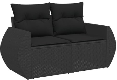 vidaXL Canapé de Jardin avec Coussins 2 Places, Siège avec Dossier et Accoudoir, Meuble de Patio Terrasse Extérieur, Noir Résine Tressée