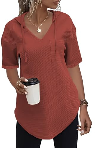 Cuptacc Tshirt Femme en Coton Sweat A Capuche À Col en V Fuchsia S