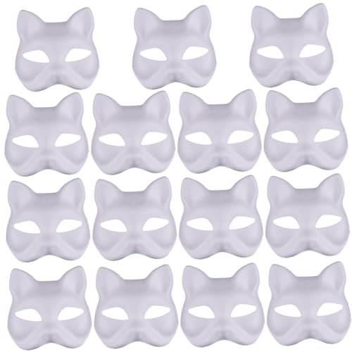 NASSMOSSE Katzenmaske, 15 Stück, Halbfuchsmaske, weiße Therian-Maske, DIY-Tiermaske, bemalbare Blanko-Masken, mit elastischem Band, Tier-Gesichtsmaske für Halloween, Maskerade-Party, Cosplay
