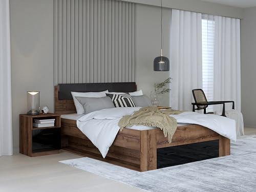 Forte JAWA Bett 200 210, Bett mit 1 Schublade, Modernes Doppelbett, Schlafzimmer, Holzwerkstoff, Edeleiche Holzdekor/Schwarz Hochglanz, 203,6 cm breit x 99,5 cm hoch x 163,5 cm tief