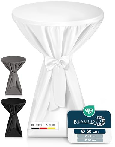 Beautissu Premium Stehtischhusse Blickdicht Weiß Ø 60-65 cm – rutschfest Bügelfrei & 40°C Waschbar Stehtischüberzug mit Schleifenband – Husse für Stehtisch Bistrotisch Bartisch Gastronomie