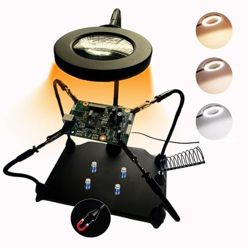 Magnetic Soldering Station Helping Hands with Magnifying Glass with Iron Holder 3rd Hand with Light Welding Tool Kit PCB Holder Heavy Duty Base Plate