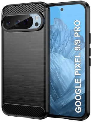 Effcotuo Custodia per Google Pixel 9/9 Pro 5G Cover [Fibra di Carbonio] Morbido TPU Protezione Anti Scivolo/Antiurto - Nero