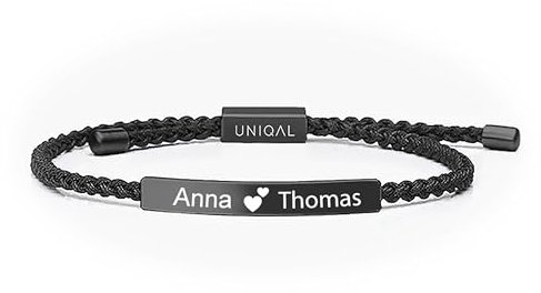 UNIQAL | Personalisiertes Armband mit Gravur 'FINESSE' für Herren und Damen | Edelstahl und geflochtenes Band | Verstellbar | Handgemacht in Deutschland | Gratis Etui (Schwarz)
