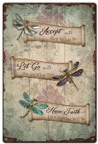 SUPERDANT Letrero de metal con citas inspiradoras de libélula, 30 x 20 cm | Placa de pared de metal con texto en inglés Accept What Is Let Go Of What Was para el hogar, sala de estar, dormitorio, bar