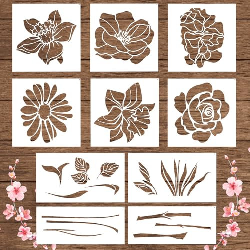 10pcs Pochoirs de Fleurs pour la Peinture, Pochoir Floraux Réutilisables Pochoir Fleurs Grand Modèle Pochoirs Feuilles Tiges pour Peindre sur Bois Murs Clôtures de Jardin Meubles