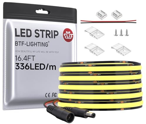 BTF-LIGHTING FCOB COB Bande LED Monocouleur Flexible Haute Densité Blanc Chaud 3000K DC24V 5M 336LEDs/M 8W/M 8mm Noir PCB Ruban LED Dimmable IP30 NON Étanche Pour l'intérieur(Bande uniquement)