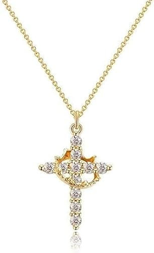Vergoldete Gepflasterte Kreuzkette mit gedrehter Krone für Damen, 14 Karat drehbare Krone mit Zirkon, elegante Kreuzanhänger-Kette für Frauen, modische Goldkette mit Krone und Kreuzsymbol,(45 + 5 CM)