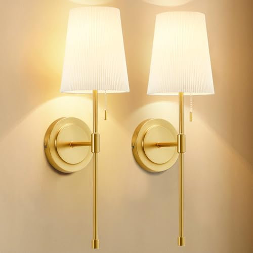 GyroVu Wandleuchten 2er-Set, fest verdrahtete Wandleuchten mit Zugkette, retro-industrielle Spiegel-Wandleuchten mit weißem Stoffschirm, Innenwandleuchten für Badezimmer, Schlafzimmer, Wohnzimmer