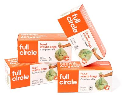 Full Circle Compostable Bags for Food Waste – 4-Gallon Size, 100ct, 4 Boxes of 25 – Plant-Based, Tear and Leak-Resistant Compost Bags