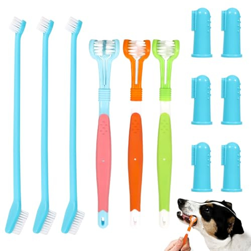12Stk Hundezahnbürste Set 3 Dreifach Köpfe 6 Silikon Finger 3 Doppelköpfige | Zahnpflege für Hunde Haustiere Mundhygiene Zahnbürste zum Kauen Tierbedarf für Kleine Mittelgroße Große Hunde