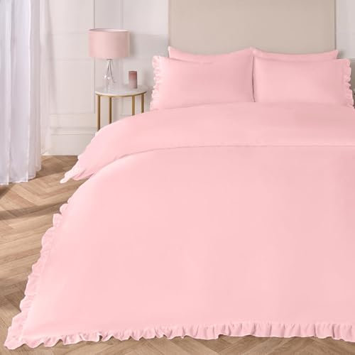 OHS Single Frill Duvet Cover Set, Ultra Soft Cosy Fabric Quilt Covers Decorative Touch Frill Edge Design Microfibre Single Duvet Set with Pillowcase, Blush