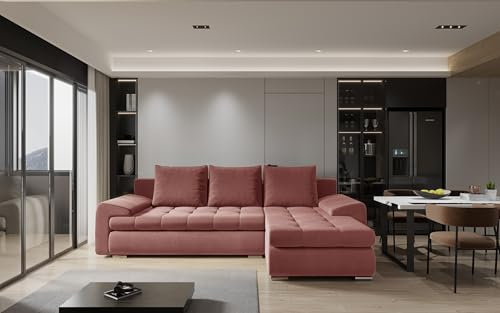 Kaiser Möbel - Ecksofa mit Schlaffunktion und Bettkasten - Tomi Couch für Wohnzimmer - Wohnlandschaft L Form - Easy-Clean Stoff Castel - 150x237x85cm - RechtsKorallenfarbe