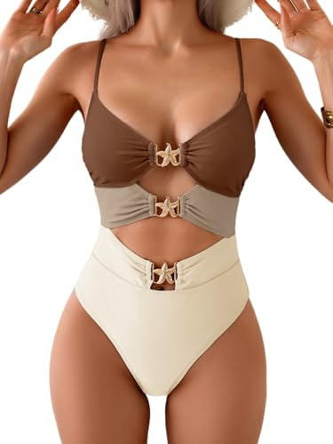Eomenie Sexy One Piece Swimsuit for Women Cutout Monokini Bathing Suit Starfish Beach Resort Swimwear, Brown and Beige, S