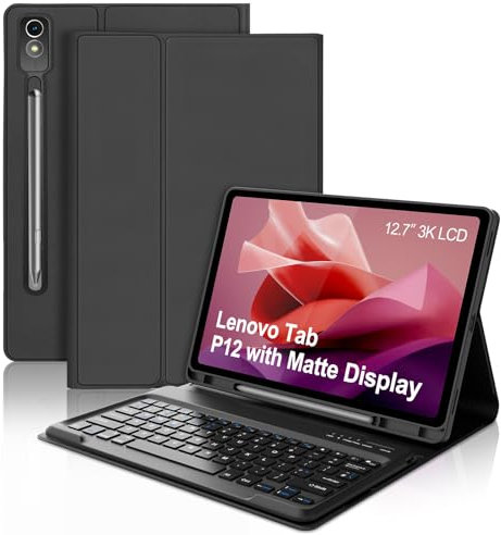 Lenovo Tab P12 12.7'' 2023 Keyboard Case, Detachable Wireless Bluetooth Keyboard Folio Smart Cover with Pencil Holder for Lenovo Tab P12 12.7'' Tablet (TB370FU)