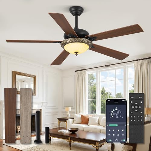 Fanbulous Ventiladores de techo de 56 pulgadas con luces, ventilador de techo rústico con luz LED regulable, control remoto/aplicación, 5 cuchillas de doble acabado, ventilador de techo tradicional de