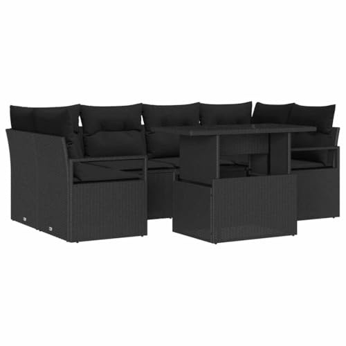 vidaXL 7-teiliges Gartensofa-Set mit Kissen – Schwarz, Poly Rattan, modulares Outdoor-Möbel für Balkon und Terrasse. Bequeme Sitzgelegenheit, wetterfest, für Terrasse, Deck und moderne Liegeanordnung.