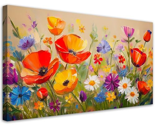 Feeby Bilder - Foto Geschenk - Mohnblumen Bunte Blumen auf Wiese - 120x60 1tlg - Leinwandbilder Wohnzimmer - Wandbild über dem Bett - Bild Schlafzimmer - Aesthetic Zimmer Deko - Modern Pictures