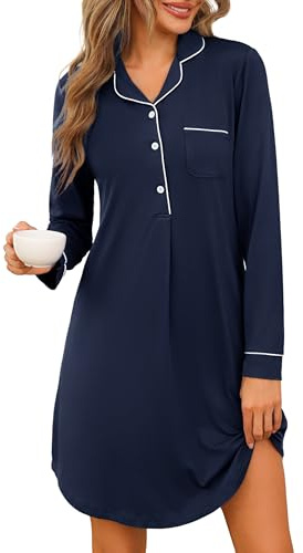 Jahetuul Chemise de Nuit Femme en Coton Col V Boutonnée avec Poches | Coton doux, col v, poches pratiques, ouverture boutonnée pour dormir et se détendre confortablement à la maison.