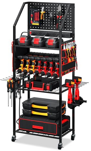 TC-HOMENY Power Tool Organizer Cart with 8 Outlets Charging Power Station, 24 large Drill Tool Storage Racks with Wheels for Garage, Heavy Duty Tools Organizer Station, Festival Gifts for Men Dads