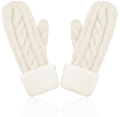 DIGNFENG Fäustlinge damen Winterhandschuhe, 1 Paar Handschuhe Warme Strickhandschuhe mit Fleecefutter, Dicke Thermohandschuhe, Wollhandschuhe für Radfahren, Skifahren, Outdoor-Aktivitäten, Weiß