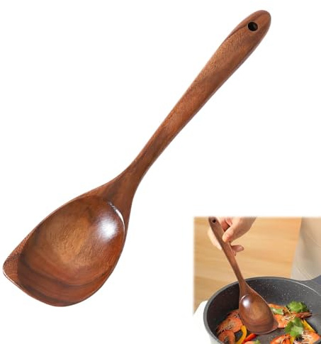 Wooden Non-Stick Spoons - 12.8 Inch Long Handle,Wooden Spoon for Baking, Big Stirring Corner Spoon, Heat Resistant WoodenCooking Utensils, Long Wooden Spoons for Cooking