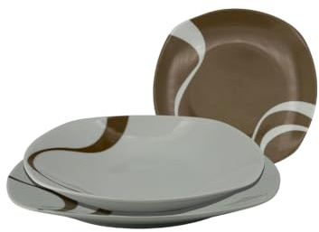 Service d'assiettes en porcelaine 36 pièces Kyo - 12 étages 25 cm, 6 fonds 23 cm, 6 desserts 19 cm - Finition brillante - Bicolore taupe / marron - Lave-vaisselle et micro-ondes - Design moderne