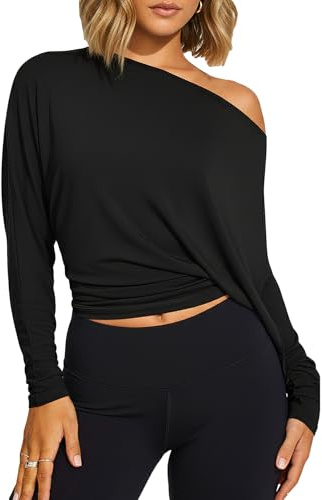 Coloquin Women Long Sleeve Off The Shoulder Crop Tops Boat Neck Cinched Waist Running Workout Gym Tops T Shirts
