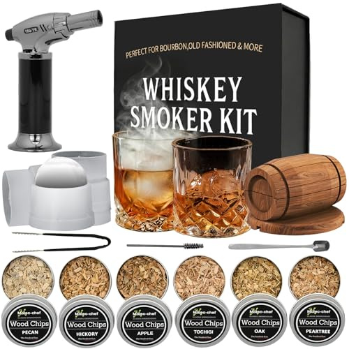 Whiskey Smoker Infuser Kit with Torch Cocktail Bourbon - 6 Flavors Wood Chips for Old Fashioned Drinks, Unique Christmas Anniversary Housewarming Gifts for Men,Dad,Father,Husband,Birthday (No Butane)