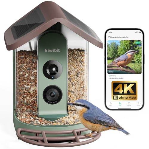 Kiwibit Vogelhaus mit Kamera, 4K, KI-Vogelerkennung, Solardach, ohne ABO | 8MP Fotos, Live-Ansicht, KI-Vogelerkennung ohne Abo, Echtzeit-Alarm und Zwei-Wege-Audio