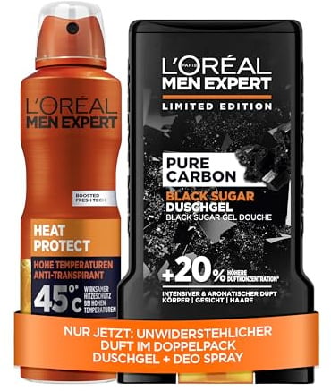 L’Oréal Men Expert Vorratspack: 6er Pack Pure Carbon Black Sugar Duschgel (6x250ml) & XXL Heat Protect Deospray (250ml) gegen Schweiß & Hitze bis 45°C, maskuliner Duft in Parfumqualität