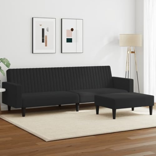 HETFTJN 2tlg Schwarz Samt Schlafsofa 220×84,5×69 cm, ausziehbar mit Ottomane, Sessel & Hocker, für kleine Räume