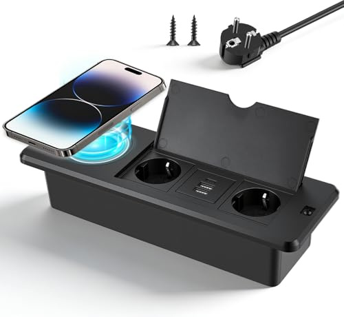 2 Fach Versenkbare Steckdose mit 15W Kabelloses Ladegerät und 2 USB C und USB A, Tischsteckdose mit USB Versenkbar und Metall Deckel, Einbausteckdose für Schreibtisch Küche Büro, 1.8 Kable(Black)