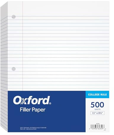 Oxford Loseblattpapier 62349, Ringbucheinlage, Notizpapier, 21,6 x 27,9 cm, College-Lineal, 3-fach gelocht, Papier für 3-Ringbücher, 500 Blatt pro Packung