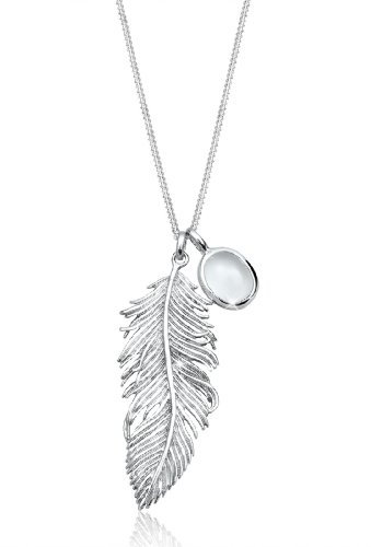 Elli Halskette Silber 925 Feder Anhänger Kette Damen Mondstein Schmuck Geschenke für Frauen Mädchen Mama Freundin, Boho Festival Silberkette Länge 70 cm